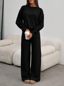 EURMUSE Women Round Neck Rib Knitted Sweater And Sweater Pant 2pcs Sets Co-Ord - Black - View 5