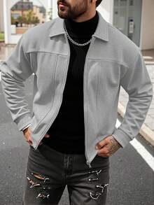 Manfinity CasualCool Áo khoác nam trơn màu thường ngày có khóa kéo, vai trễ, phong cách mùa thu/đông, giải trí hàng ngày, chuyến đi cuối tuần, hoạt động ngoài trời, thám hiểm du lịch, môi trường làm việc thoải mái hoặc những dịp bán trang trọng, quà tặng bạn trai/chồng, quà kỷ niệm, giáng sinh - Màu Xám nhạt - Xem 4