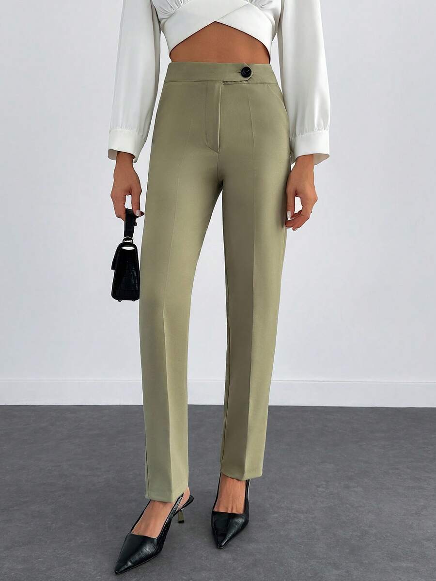 EURMUSE Women's Fashionable Versatile Solid Color High Waist Pants - Army Green - View 1