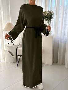 EURMUSE Pullover Sweater Dress Hem And Sleeve Detail+ 478 - Army Green - View 6