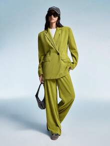 Aveloria EMERY ROSE Women's Autumn Corduroy Solid Color Loose Fit Wide Shoulder Lapel Minimalist Blazer And Wide Leg Pants Suit Set - Green - View 8