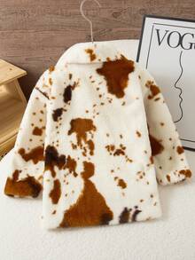 Elladie kids 1 件年轻女孩冬季人造皮草大衣，蓬松奶牛图案复古优雅奢华百搭保暖外套 - 彩色 - 查看 2