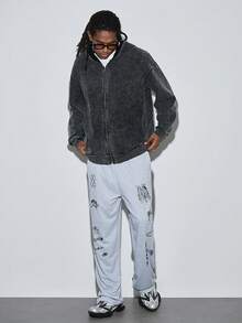 Modcrash 秋冬季“顺其自然”图案男士连帽卫衣，略带弹性的做旧水洗棉黑色长袖开衫拉链卫衣，户外日常休闲外套 - 黑色 - 查看 5