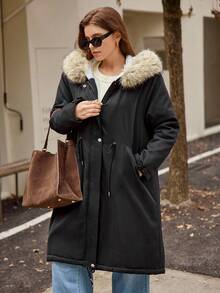 Easura Abrigo largo de invierno para mujer talla grande con mangas largas, capucha y cuello de piel desmontable, y bajo asimétrico