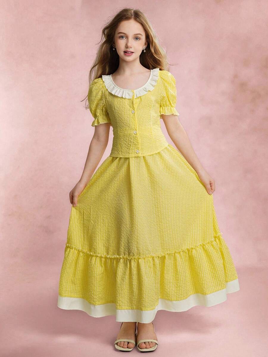 Tween Girls T-Shirt Set, Casual Elegant & Vacation, Yellow Puff Sleeve Boat Neck Cropped Shirt And Long Skirt Yellow Gingham Dress Girl Lemon Dress Girl Teen Girl Dresses Yellow Babydoll Dress Girl Girls Yellow Summer Dress - Yellow - View 1