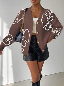 Chiquease Women's Floral Pattern Drop Shoulder Long Sleeve Casual Knit Cardigan, Autumn/Winter - Maroon - View 3