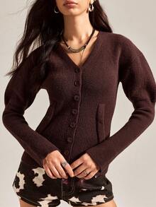 Easelle Maglione casual con bottoni davanti, colore marrone caffè, adatto per autunno/inverno - Caffè Marrone - Visualizzare 3
