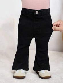 SHEIN 女婴黑色弹力喇叭牛仔裤，可爱喇叭裤型，搭配保暖抓绒背心，适合秋季、冬季休闲时尚度假穿着，黑色牛仔裤，圣诞牛仔裤 - 黑色 - 查看 5