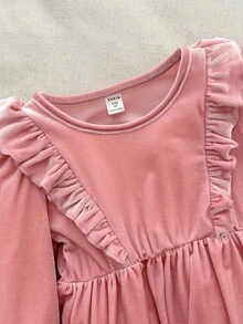 Blossori Young Girls' French Elegant Ruffle Trim Velvet Long Sleeve Dress - Pink - View 4