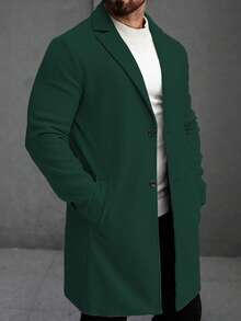 Manfinity Mode 男士纯色简约日常大衣，长袖，秋冬款 - 墨綠色 - 查看 4