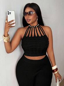 Maweii 大码女式毛衣纯色浅粉色，扭绳，珍珠项链，性感修身，优雅，派对女式上衣，高端设计感，短款针织上衣，秋冬，女式外套，女装斯堪的纳维亚派对针织镂空Y2K派对上衣闪光针织 - 黑色 - 查看 4