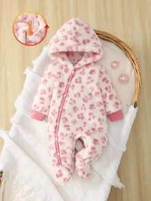 新生女婴可爱豹纹和羊毛连帽长袖连脚连体衣，秋冬婴儿睡衣 - 粉色 - 查看 9