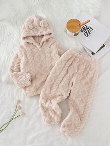 少女提花羊毛连帽长袖上衣和裤子睡衣套装，象牙色 - 杏色 - 查看 6