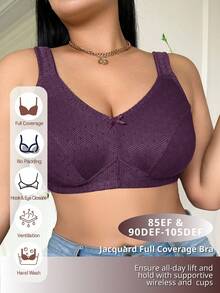 DesireSculpt 1pc Plus Size Women's Solid Color Elegant Comfortable Soft Jacquard Bow Decor Soft Sponge Adjustable Strap Wireless Bra - Maroon - View 5