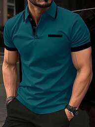 Manfinity Homme Men's Casual Contrast Color Cuff Button Half-Placket Polo Shirt Teal Men Polo Men T Collar T Shirt Men Golf Shirts Men Polo Shirts Turquoise Polo Shirt Men