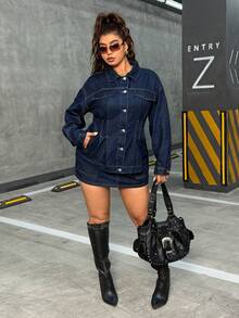 Jeanoix Plus Size Women Vintage Denim High Waist A-Line Bodycon Skirt, Flattering & Versatile - Dark Wash - View 4