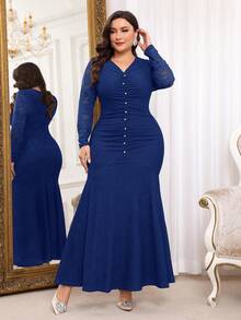 Modelyn Đầm dạ hội dài ren tương phản cổ chữ V cỡ lớn cho nữ, viền đuôi cá xếp nếp thanh lịch - Xanh đậm - Xem 1