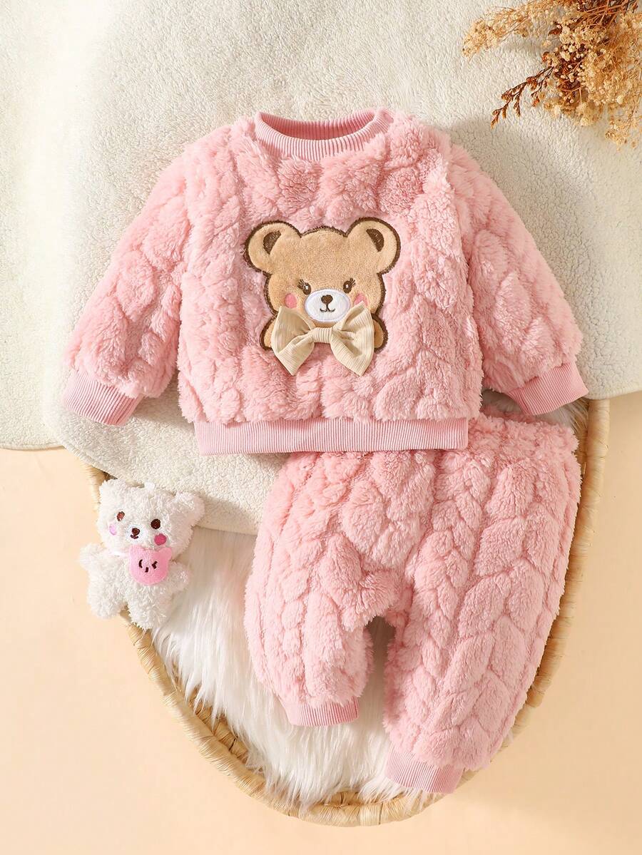 SHEIN 两件套婴儿服装套装，可爱熊头图案毛绒绒卫衣和长裤，粉色，秋冬 - 藕粉色 - 查看 1