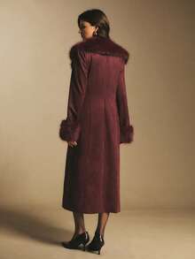 Poéselle Women's Elegant Vintage Patchwork Faux Fur Collar Tie Front Long Coat,Burgundy Coat, Winter Coats For Women,Christmas For Women, New Year's For Women, Party,Red Tops For Women,Suitable For Daily Wear, Going Out, Commuting Fall/Winter,Burgundy Coat - Burgundy - View 8