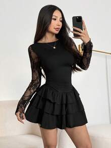 SHEIN PETITE Women's New Black Lace Patchwork Layered Ruffle Hem Mini Dress, Fall Women Clothes ,Petite Women - Black - View 7
