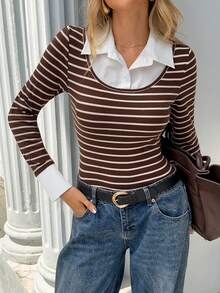 Chiquease [Herbst Neuankunft: Eleganter Preppy - Stil 2 in 1] Retro Braun - Weiß Fein - Gestreiftes Slim - Passform Gestricktes T - Shirt, mit weißem Hemdkragen & Manschetten, ein sanfter und schicker Slim - Passform Langarm Layering Top - Kaffeebraun - Übersicht 1