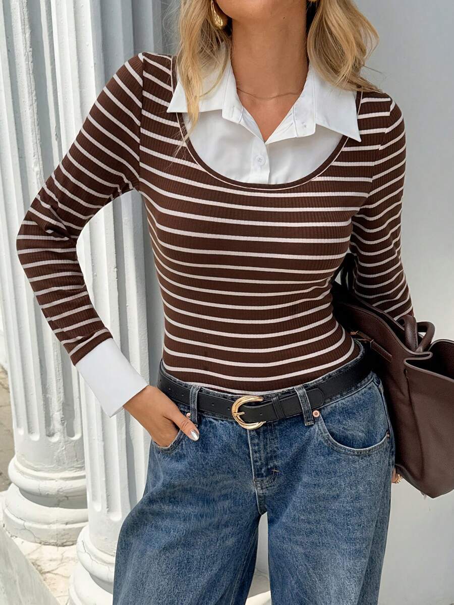 Chiquease [Herbst Neuankunft: Eleganter Preppy - Stil 2 in 1] Retro Braun - Weiß Fein - Gestreiftes Slim - Passform Gestricktes T - Shirt, mit weißem Hemdkragen & Manschetten, ein sanfter und schicker Slim - Passform Langarm Layering Top - Kaffeebraun - Übersicht 1