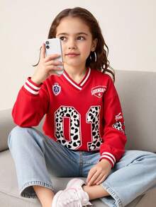 SHEIN Tween Girl Red Casual Pullover Sweatshirt, Suitable For Back To School, Children's Casual Wear, Opening Ceremony, Daily Wear, School, Travel, Autumn, Christmas - Red - View 2