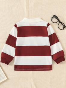 SHEIN Explorewe 年轻男孩条纹撞色领针织休闲宽松复古美式长袖 Polo 衫，适合上学和日常穿着