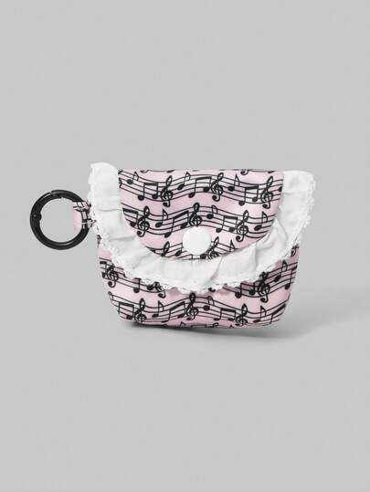 Kawaii Pochette mini portable, porte-monnaie, étui pour écouteurs avec motif de vague en dentelle blanche et de note de musique