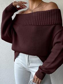 EURMUSE Women's Solid Color Off-Shoulder Loose Casual Long Sleeve Pullover Sweater - Brown - View 4