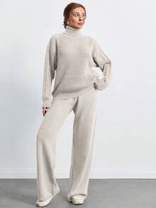 SHEIN Tall 高領落肩袖毛衣與長褲套裝，適合高個女性 - 杏色 - 查看 5