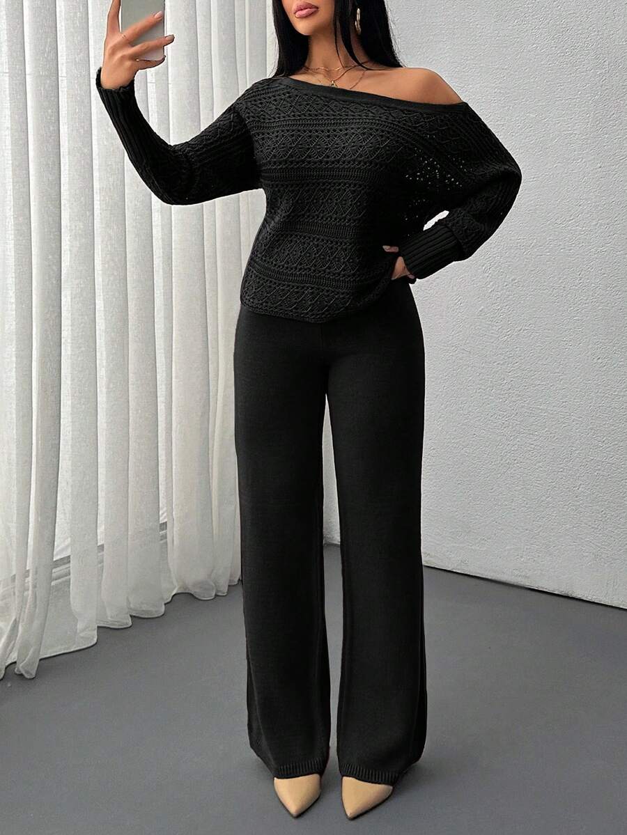 EURMUSE Solid Color Holo Out Batwing Sleeve Sweater, Spring/Fall Season, Long Sleeve Top And Sweater Pant 2pcs Set - Black - View 1