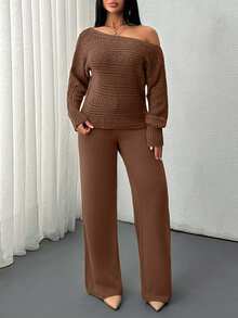 EURMUSE Solid Color Holo Out Batwing Sleeve Sweater, Spring/Fall Season, Long Sleeve Top And Sweater Pant 2pcs Set - Brown - View 3