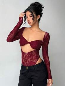Aloruh Women's Sexy Crop Top Sheer Bodysuit - Burgundy - View 6