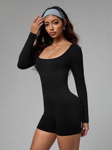 Dewbera 女式纯色交叉后背长袖休闲运动连体裤 - 黑色 - 查看 5