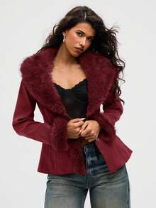Aloruh Women's Elegant Elegant Simple Solid Color Patchwork Faux Fur Waist Regular Jacket, Autumn/Winter