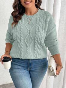 EMERY ROSE Suéter de punto de cable de unicolor informal de talla grande, con hombros caídos, para otoño/invierno - verde menta - Ver 6