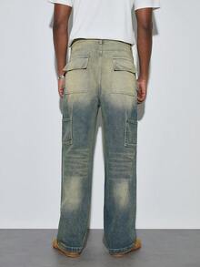 Modcrash Quần jean nam dáng rộng, ống rộng, chất liệu denim mài bạc kiểu cổ điển, có túi, thời trang và đa năng, thích hợp cho mùa xuân đến hè. - Rửa trung bình - Xem 6