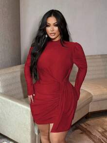 SHEIN LUNE Đầm ôm sát cổ cao, thắt eo, dáng ngắn dự tiệc dành cho nữ cỡ lớn, thích hợp cho mùa thu/đông. - Đỏ - Xem 3