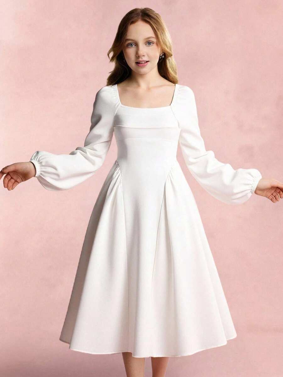 女孩都市通勤优雅轻盈正式束腰派对连衣裙 - 白色 - 查看 1