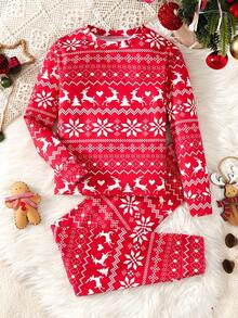 SHEIN 少女卡通图案休闲简约圆领长袖上衣和紧身打底裤套装，贴身舒适，适合秋冬季穿着。 - 紅色 - 查看 7