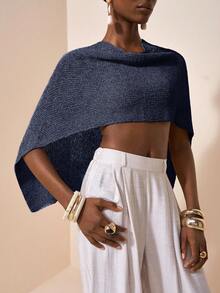 Zivah 性感披肩斗篷百搭针织披肩细肩带 V 领不对称肩部设计上衣，度假风格 - 藏蓝色 - 查看 5