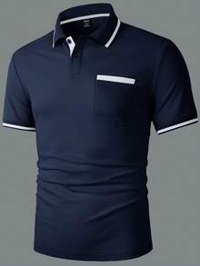 Manfinity Homme 男士對比色半開襟修身短袖休閒夏季 Polo 衫，正式 Polo 衫 - 寶藍色 - 查看 3