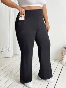 SHEIN CURVE+ 大码女式秋冬返校休闲家居服家居服瑜伽舒适户外纯黑色针织松紧腰高腰口袋喇叭裤，带口袋的紧身裤 - 深灰色 - 查看 6