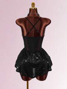 Amplova 女式时尚性感亮片拼接露背吊带迷你连衣裙 - 黑色 - 查看 7