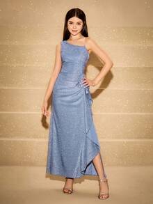 少女优雅奢华雾蓝色金属线单肩束腰蝴蝶结迷人高开衩连衣裙，适合少女 - 藍色 - 查看 4