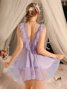 Satin, Mesh Patchwork, Lace Patchwork, Ruffle Hem, Bow Accent, Asymmetric Hem, Sweet, Cute, Elegant, Innocent, Sexy Women's Nightgown - Lilac Purple - View 2