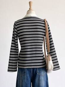 Sweetra Young Girls Striped V-Neck Long Sleeve Base Layer T-Shirt, Autumn/Winter - Black - View 2