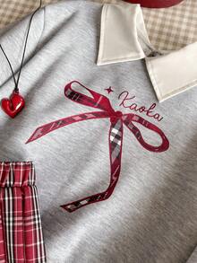 2 件套青少年女孩饼干蝴蝶结装饰学院风服装，浅灰色领口运动衫 + 红色和棕色格子百褶裙，活力学院风，秋冬 - 紅色 - 查看 6