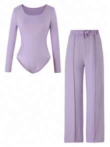 2pcs/Set Tween Girls Casual Solid Color Bodysuit Top + Wide Leg Pants Fall Winter